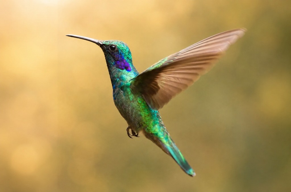 Hummingbird in flight among green leaves — symbol of renewal on the About Sheila page